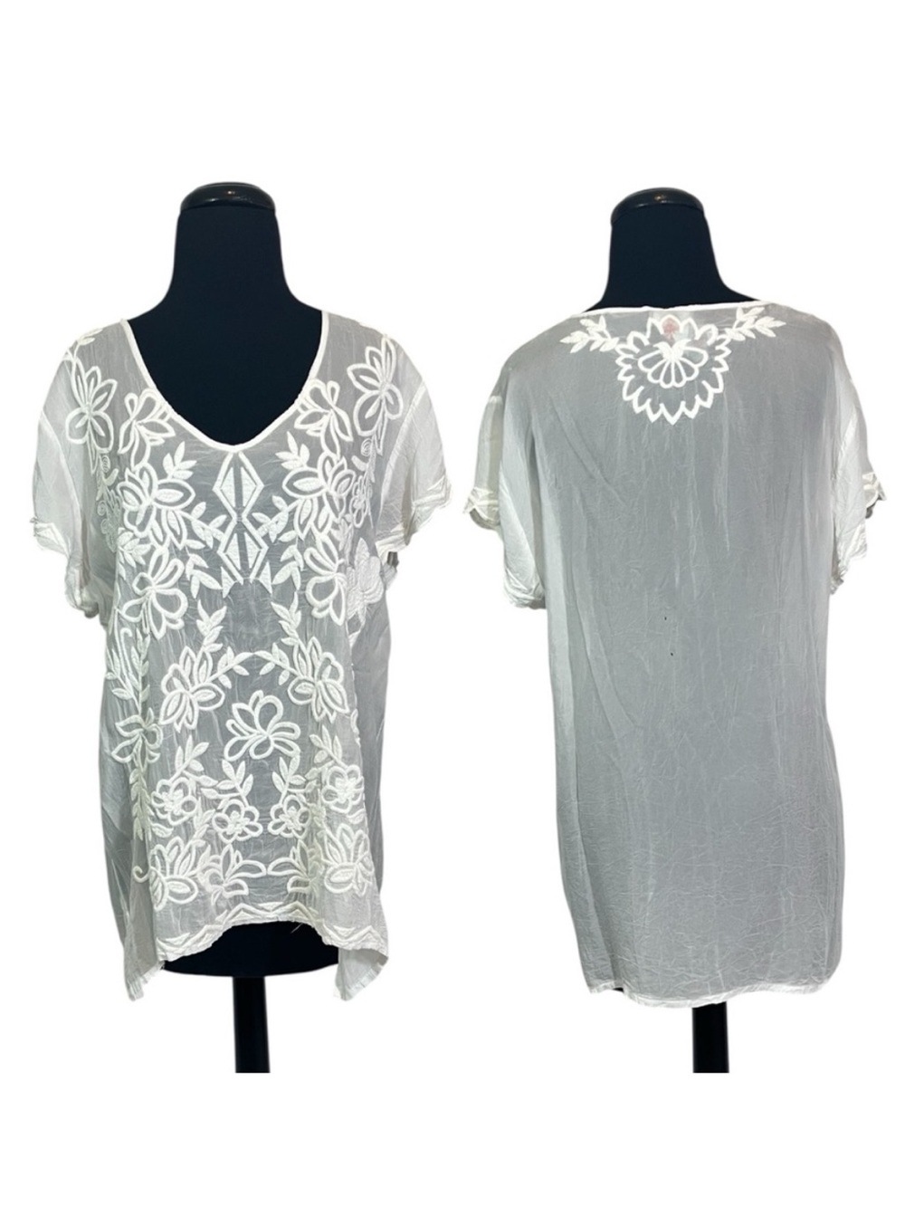 Johnny Was Embroidered Rayon Short Sleeve V-neck Sheer Tunic Top White C18519-4